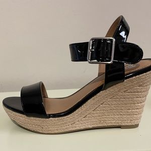 Brash black patent leather and jute wedge sandals